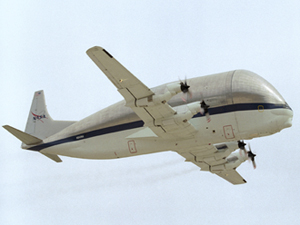 After replacement of its landing gear, NASA's Super Guppy turbine cargo plane departs Dryden, above, for a return trip to Johnson Space Center in Texas.